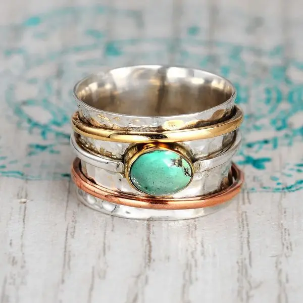 New Vintage 3-Tone Plated Copper Turquoise Gemstone Rings - European & American Style Unisex Wedding Fashion Costume Jewelry, Copper Rings promise rings rings for women engagement rings
