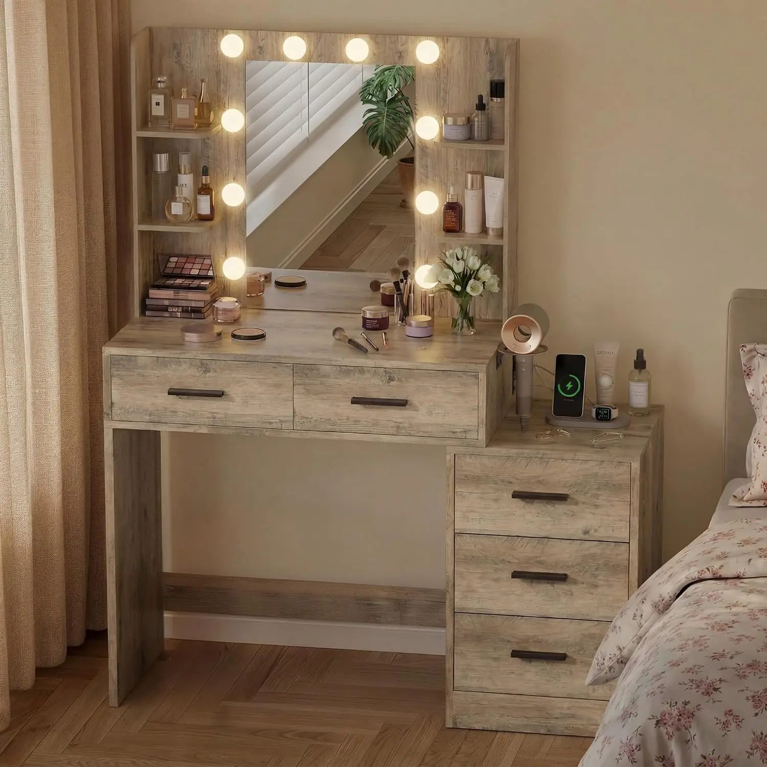 Furmax Makeup Vanity Desk with Mirror & Power Outlet, 2-in-1 Vanity Table with Nightstands, Large Storage Drawers & Hair Dryer Holder, Makeup Dressing Desk with 3 Color Light Options for Bedroom,Dorm,Dressing Room,Gift fot Girlfriend,Sister,Daughter