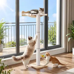 Cat Window Perch with Tall Scratching Post, 44" Adjustable Sisal Cat Tree, Strong Suction Cup Hammock, Heavy Duty Stable Cat Bed for Scratching & Climbing, Holds Up to 33lbs, Detachable Cushion