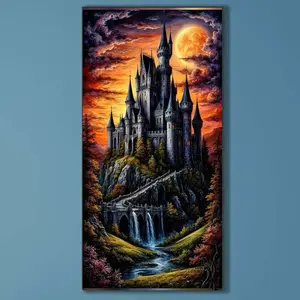 5D DIY Full Drill Round Diamond Painting - Diamond Art Kit Castle, Sunset, Waterfall Mosaic, Canvas - DIY Decor, Home Wall Art, Suitable for Halloween and Christmas, Birthday and Anniversary Gifts