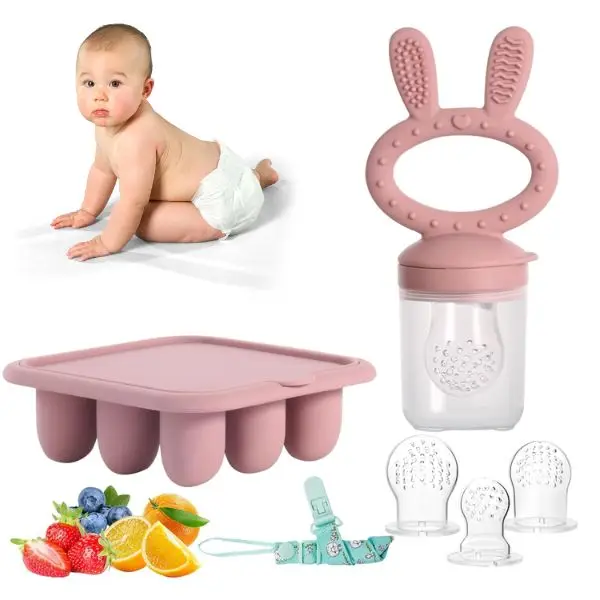 Blush Baby Breastmilk Popsicle Molds & Baby Fruit Feeder 2 Pack Infant Food Freezer Tray Storage Containers Silicone Teething Pacifier Feeder and Teet