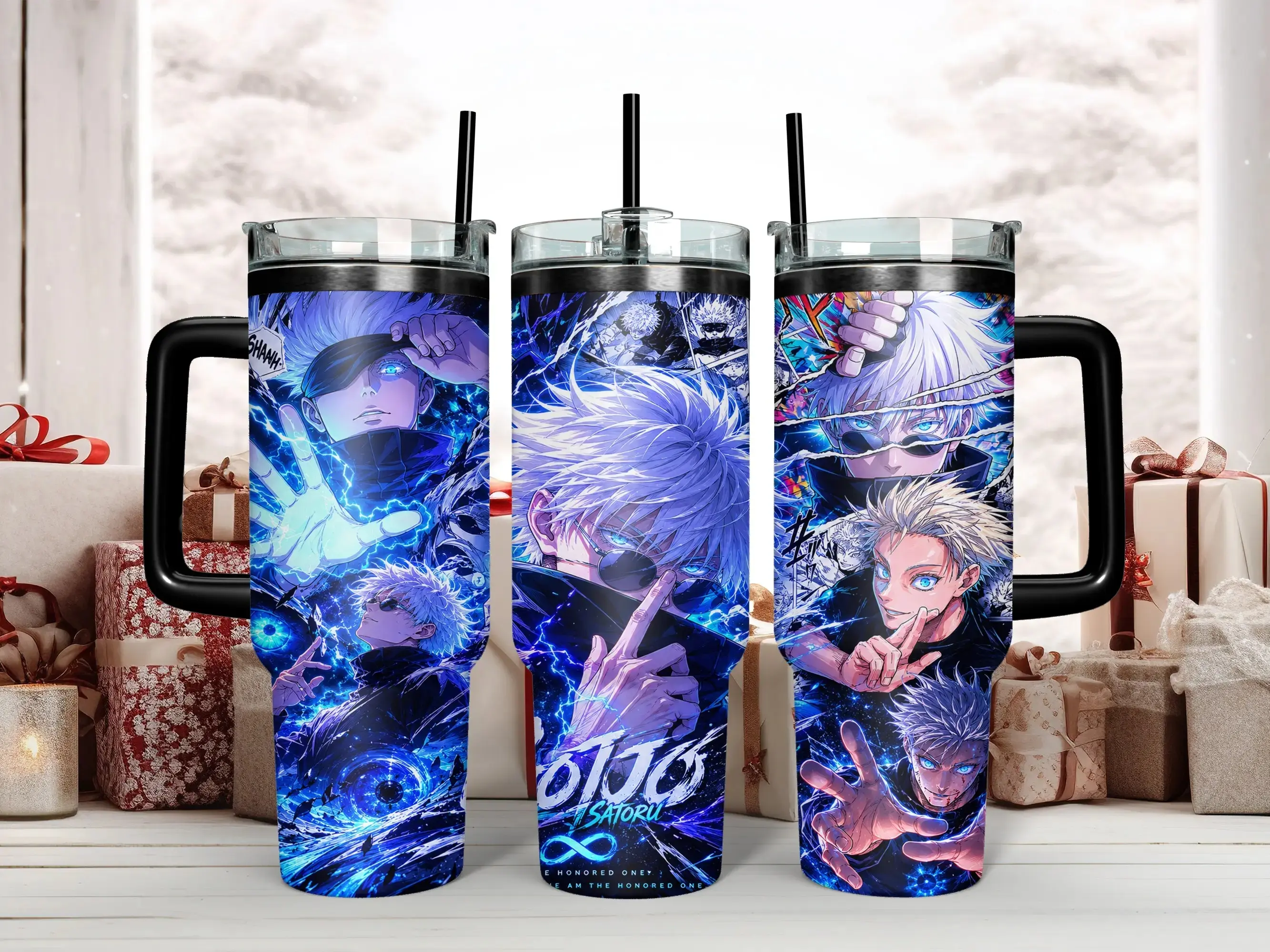Jujutsu Kaisen Gojo Satoru The Honored One Anime Character Tumbler - Epic Blue Hollow Purple & Limitless Graphic Art 40oz Insulated Stainless Steel Travel Mug with Handle & Straw