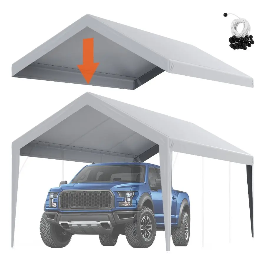 【DealsForYouDays】 10x20ft Carport Replacement Canopy Cover, Heavy-Duty Waterproofing UV-Protected Garage Shelter Tarp, Easy Installation with Ball Bungees, Grey (Top Cover Only, Frame Not Included)dealsforyoudays