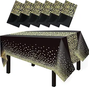 6 Packs 54 inches x108 inches Gold Wave Point Black Disposable Plastic Table Cover Waterproof Tablecloths for Rectangle Tables up to 8 ft in Length Party Decorations