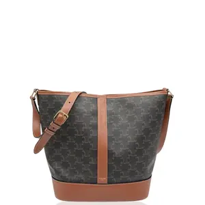 Pre-owned Celine Leather Shoulder Bags Triomphe Bucket Bag Mediun Triomphe Dark Khaki Brown (ml011926d6)