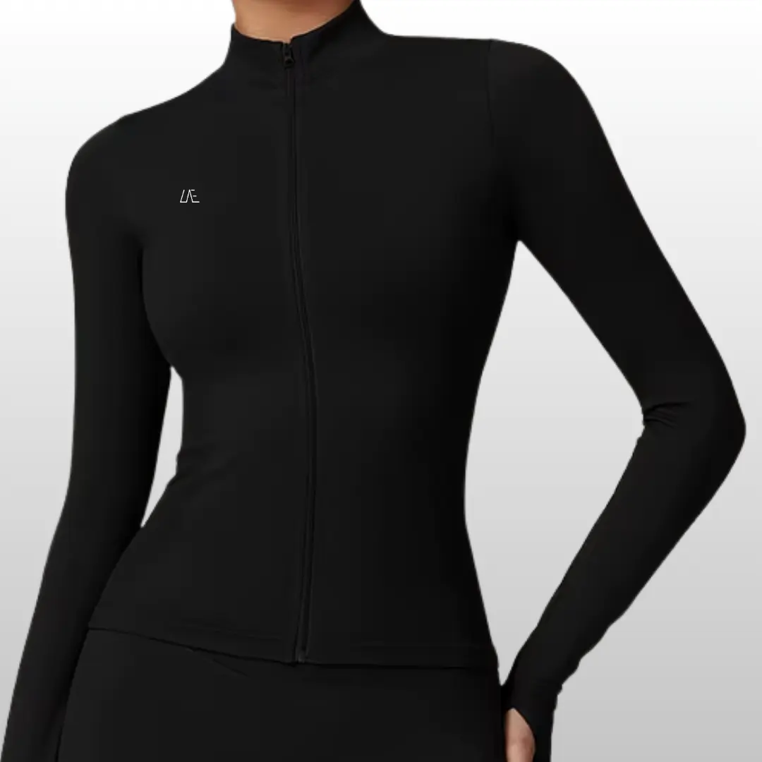 Jet Black Elate Zip -  Compressive Fit with Thumbholes True to Size 90% Nylon 10% Spandex Contour Waist Design