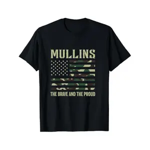 MULLINS The Brave And The Proud American Flag Print Black Menswear T-Shirt - Casual Short-Sleeve Round Neck Top, Medium Stretch Fabric, Regular Fit, All-Season, Unisex Streetwear Vintage Graphic Apparel