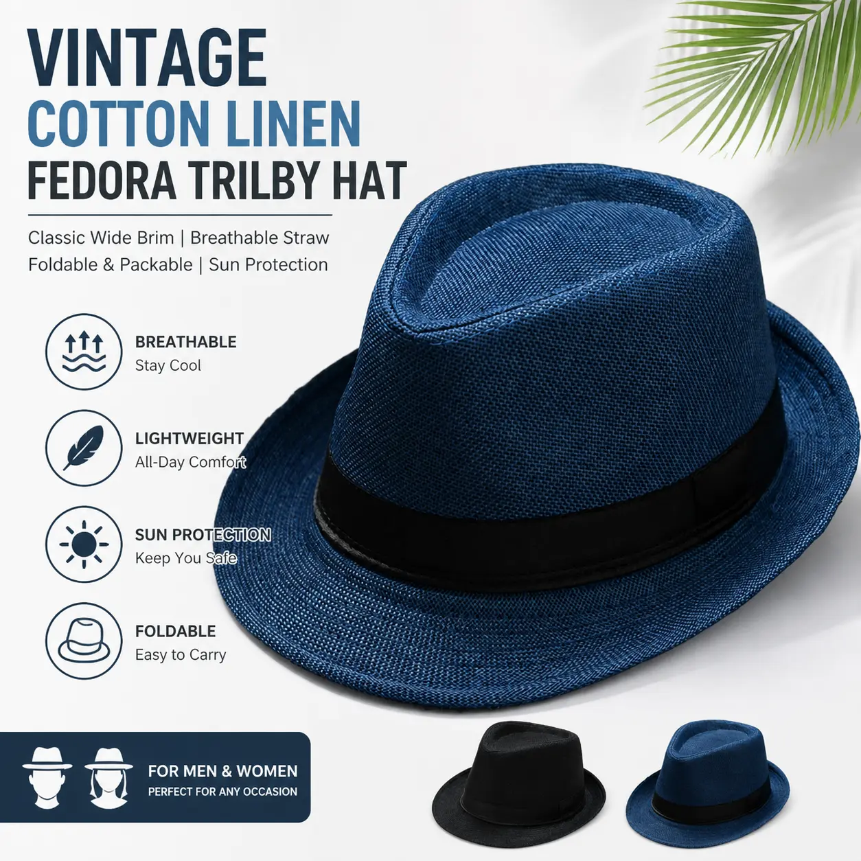 Vintage Cotton Linen Fedora Trilby Hat for Men Women, Classic Wide Brim Breathable Straw Jazz Gangster Cap, Foldable Packable Summer Sun Protection Formal Dress Hat