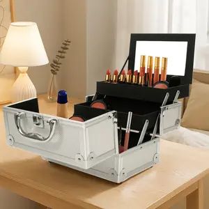 SM-2176 Aluminum Makeup Train Case Jewelry Box Cosmetic Organizer with Mirror 9"x6"x6" Silver