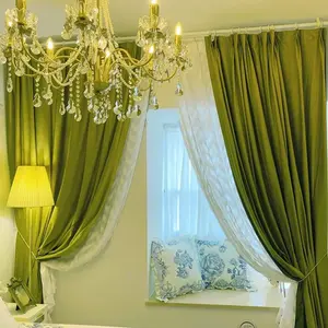 2pcs European Vintage Olive Velvet Curtains, Living Room Bedroom Palace Style Fabric Hooks Curtain, No Sheer Panel Included