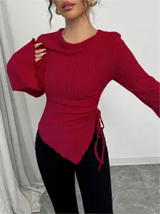 Women's high-neck puff sleeve asymmetrical hem drawstring fit T-shirt, made from Knitted autumn and winter fabric.