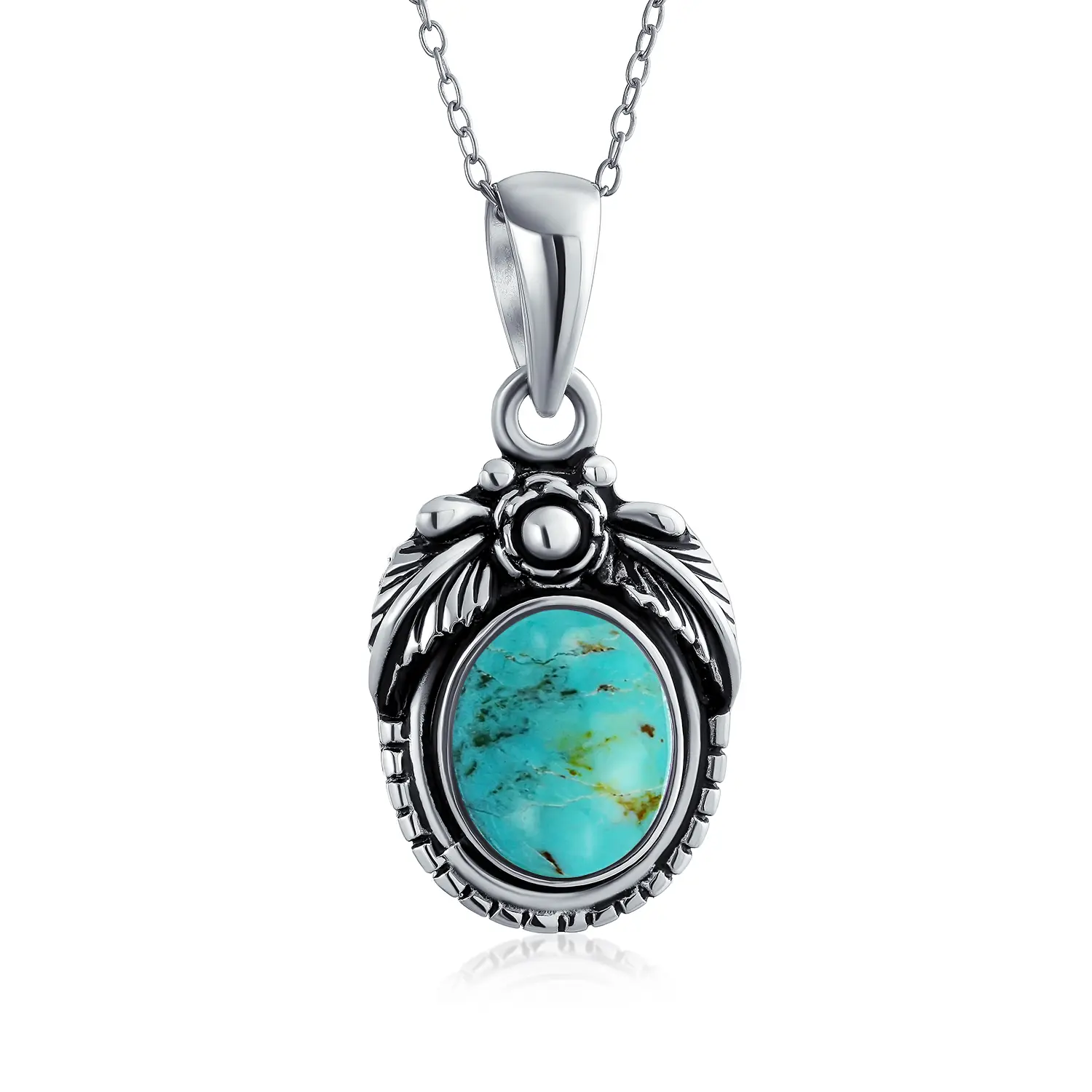 Southwest Oval Gemstone Turquoise Leaf Pendant Necklace 925 Sterling Silver