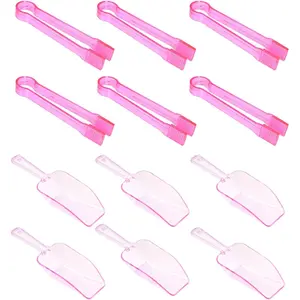 12Pcs Clear Plastic Ice Scoops Tongs Set, Small Tongs for Serving Food, Mini Candy Scoops for Candy Buffet Dry Goods Freezer Bin Canisters (Clear Pink)
