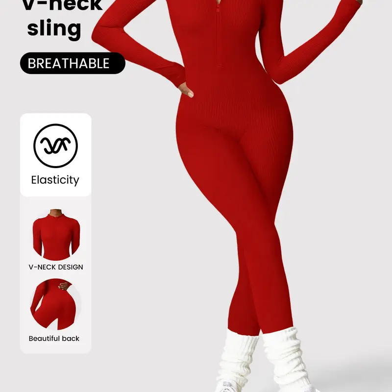 Women's Solid Color Zipper Long Sleeve Jumpsuit, Tight Fitting, Casual Sporty One-Piece, Perfect for Yoga Gym Exercise, All Seasons Women's Sports Wear, Stretchy, Activewear, Yoga Workout Jumpsuits, Fitness Yoga Jumpsuit