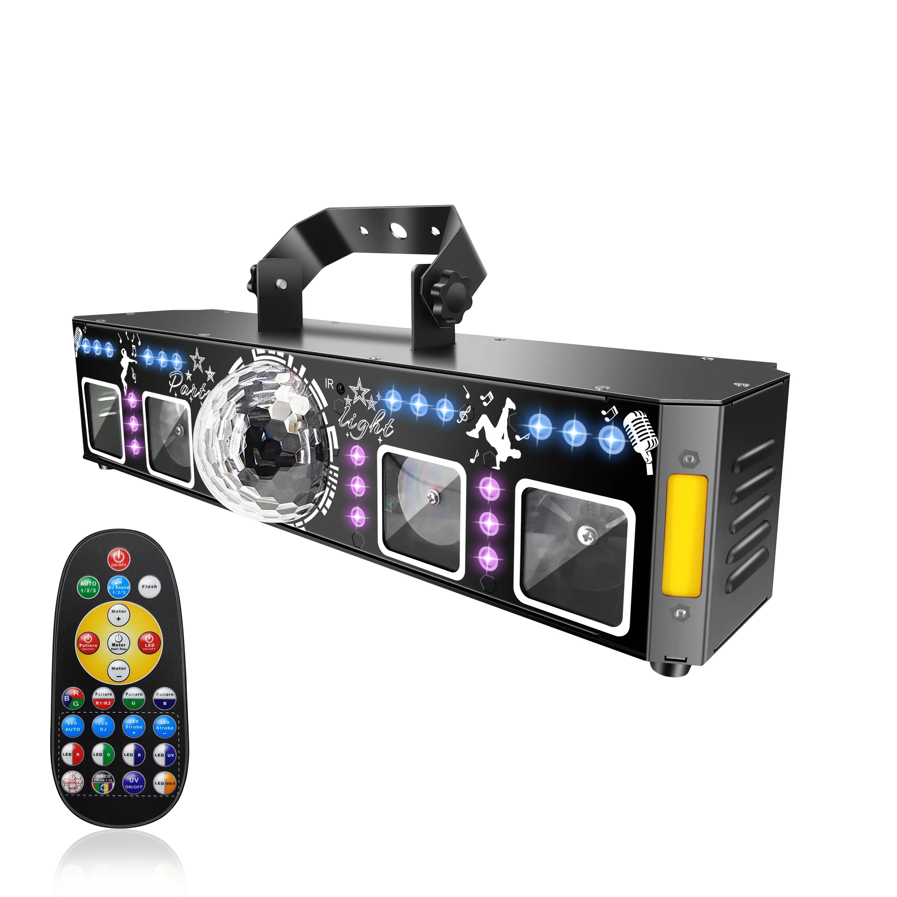 4-Head RGB Laser Party Light - Compact Commercial Stage Light with Central Disco Ball, Dynamic Strobe Effects, Music Syncing, Adjustable Settings, Remote Control, AC Power Supply - Ideal for Weddings, Pool Parties, Clubs
