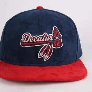 Decatur Suede SnapBack Hat with Red and Navy Blue Color Block Design and Feather Logo Embroidery