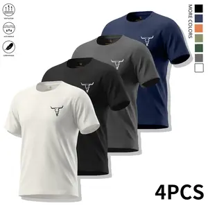 4-piece set: summer quick-dry crewneck T-shirts with bull pattern for men—youth/adult, breathable short sleeves, casual tops suitable for outdoor fitness and running