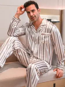 Men's Striped Satin Long Sleeve Sleepwear Set, Casual Homeewear, Comfortable Nightwear, Stylish Loungewear