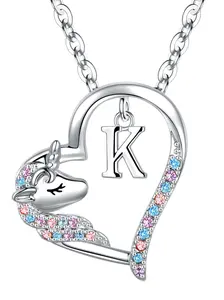 Unicorn Design Heart Shaped Pendant Necklace with Letter Charm, Rhinestone Decor Necklace, Initial Letter Necklace, Love Heart Necklace for Women & Girls, Fashion Jewelry for Party, Daily Decor, Trendy All-match & Exquisite Jewelry for Birthday Gift
