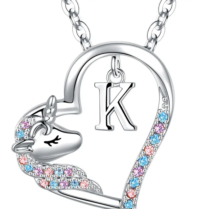 Unicorn Design Heart Shaped Pendant Necklace with Letter Charm, Rhinestone Decor Necklace, Rhinestone Decorated Necklace, Initial Letter Necklace for Women & Girls, Party Daily Decor, Trendy All-match Jewelry for Birthday Gift