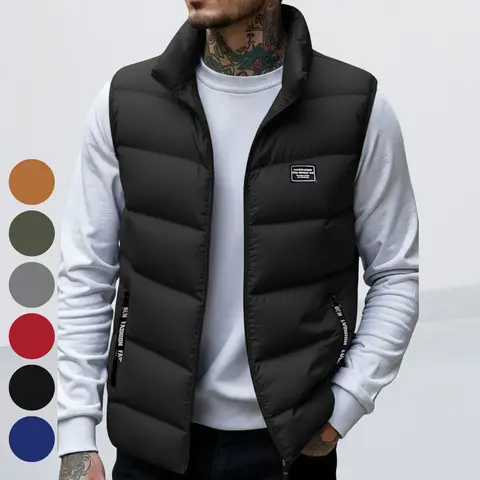 Men's Polyester Full-Zip Stand Collar Thick Warm Non-Stretch Plain Sleeveless Vest - Casual, Cold-Resistant, Durable, Minimalist Fitted High-Quality Activewear for Winter Workouts, Party, Daily Wear, Perfect Gift for Husbands and Sons