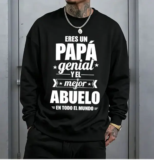 Men’s crewneck sweatshirt with Spanish-language playful lettering print, casual and versatile, streetwear style for everyday wear
