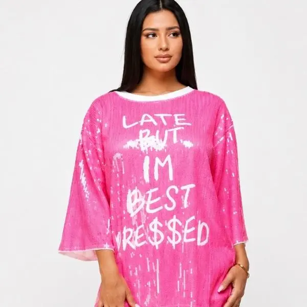 Best Dressed Oversized Petite Dress Womenswear Hot Pink Shirt Pink Sequin Casual Underwear Lady Summer Casual Wear Round Neck