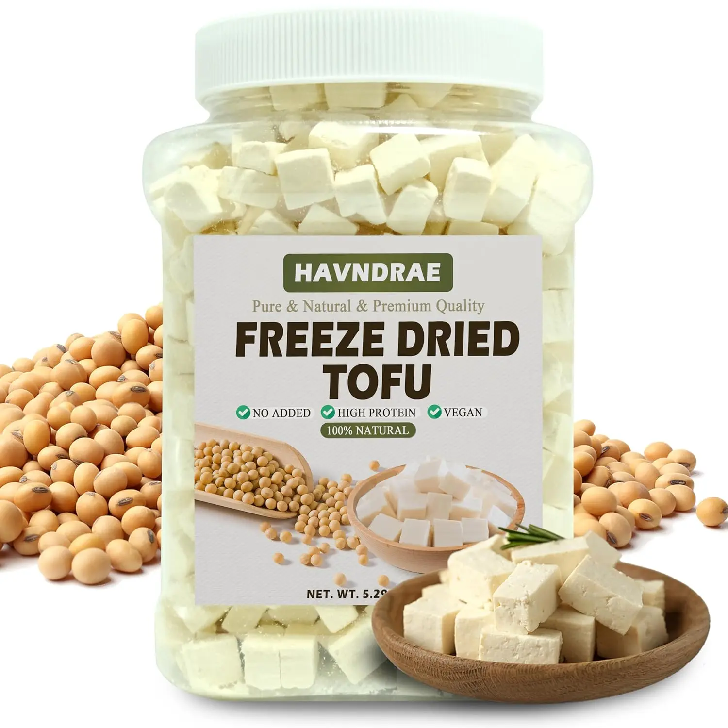 Natural Pure Soybean Freeze Dry Tofu Cubes - 5.29oz Dry, 1cm Bite-Sized, High Protein Dehydrated Vegan Staple - Re-sealable Instant Food for Ramen Toppings, Hiking Meals