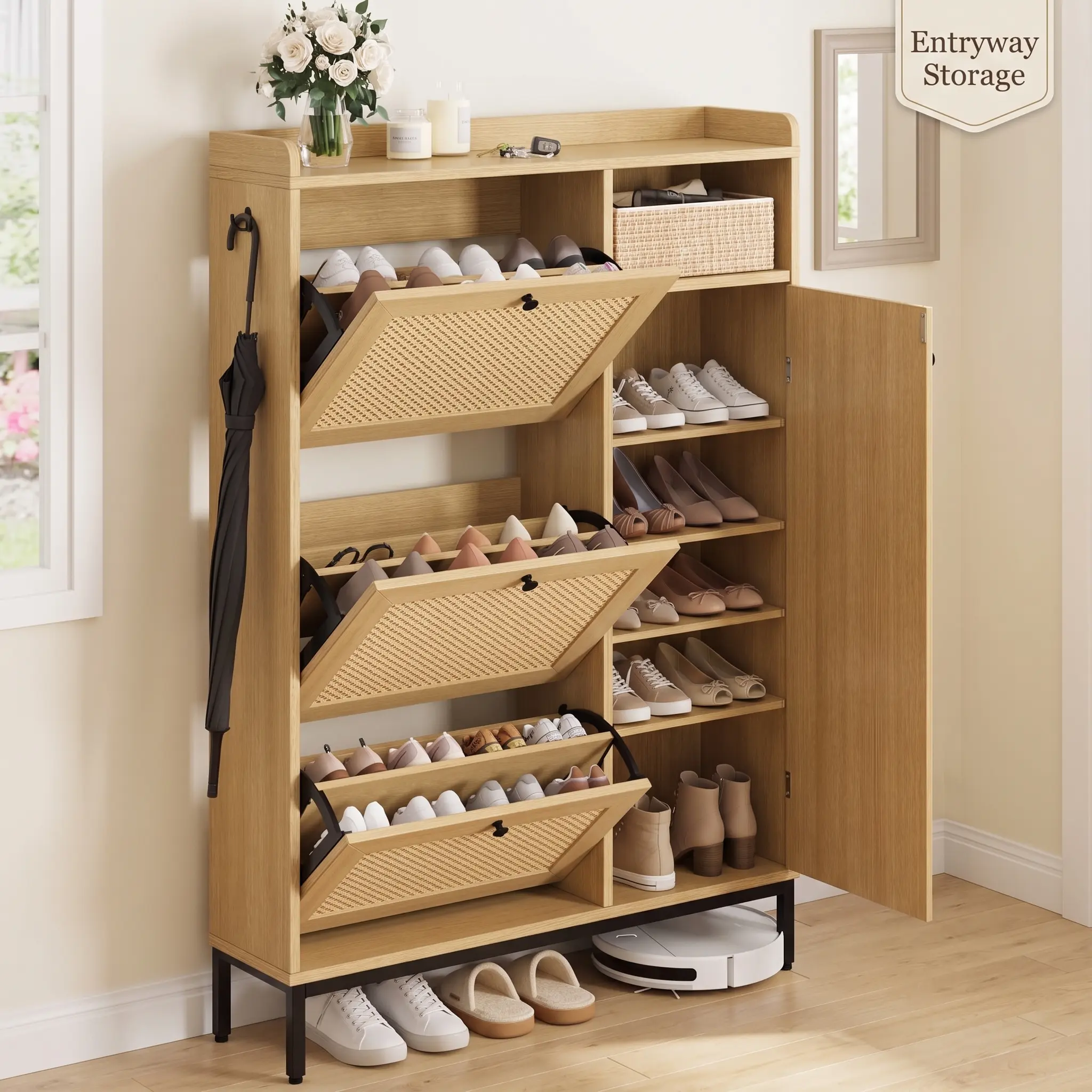 Garvee Shoe Cabinet Rattan with 3 Flip Drawers and 4-Tier Shoe Storage Cabinet, Freestanding Shoe Organizer with Adjustable Shelves for Entryway, Closet, Hallway