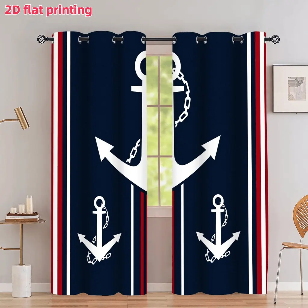 2D Flat 2Pcs Nautical Navy Blue Anchor Curtains Red White Stripes Marine Life Pattern Drapery for Living Room Bedroom Window Decor Sailboat Theme Accessories Anti-Privacy