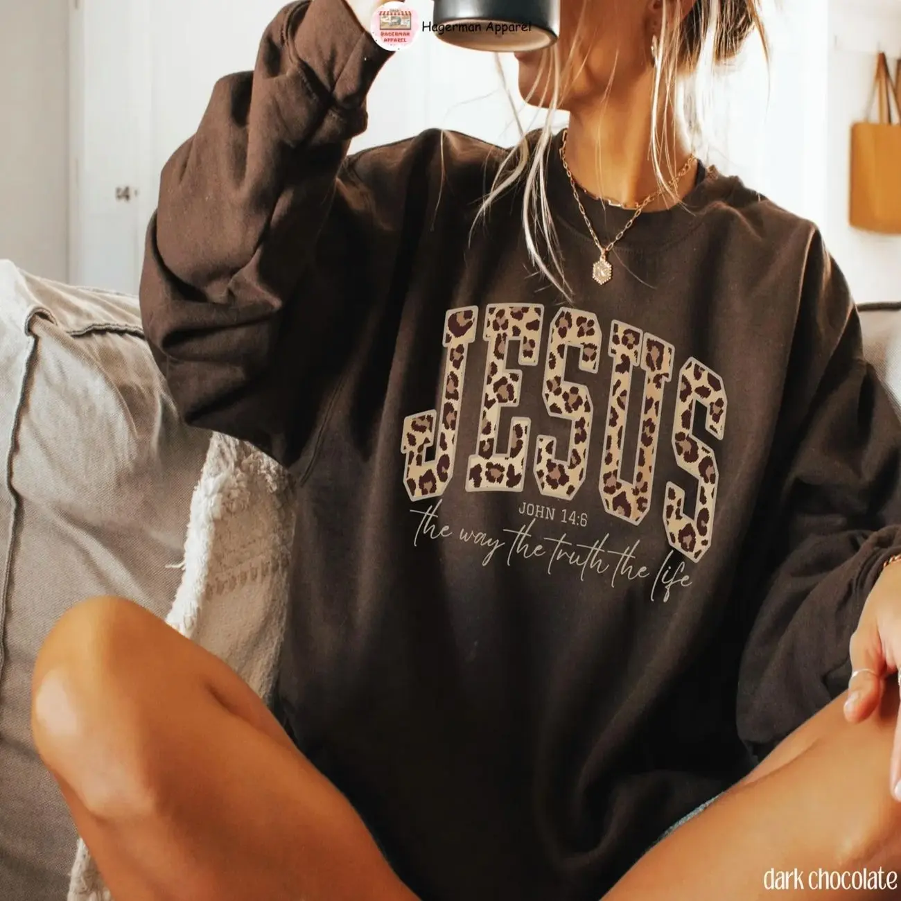 Christian Jesus Sweatshirt, Cheetah Print Bible Verse Sweatshirt, Trendy Faith Apparel Gift, Jesus Loves You, The Way The Truth The Life, Sweatshirt For Women And Men