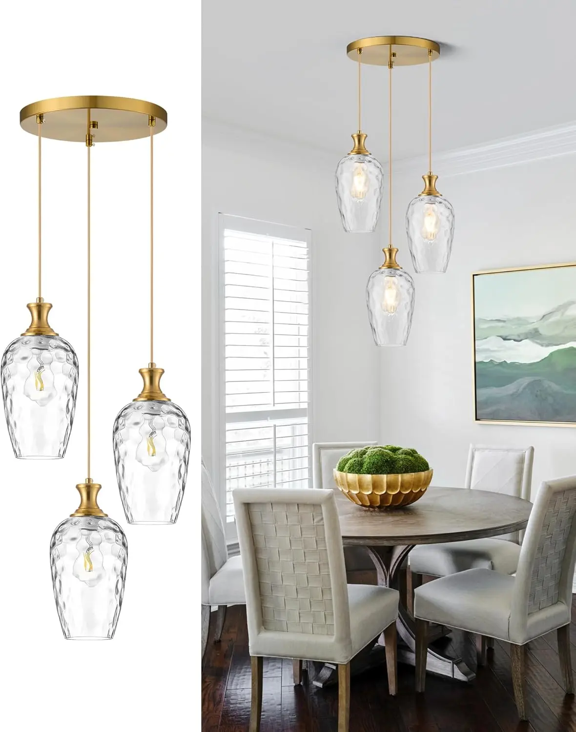 Modern Brushed Gold 3-Light Cluster Pendant - Hammered Glass Brass Hanging Fixture with Adjustable Chain, 120V 60W Line Voltage AC Power Supply Indoor Use Decor for Kitchen Island, Decorative Lights