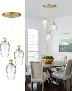 3-Light Pendant Lighting, Modern Brushed Gold Chandelier with Hammered Glass Brass Cluster Hanging Light for Kitchen Island Dining Room Bedroom
