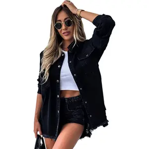 Anna-Kaci Women's Classic Distressed Denim Fashion Jacket Long Sleeve Button Down Ripped Boyfriend Jean Trucker Jackets - Small, Black