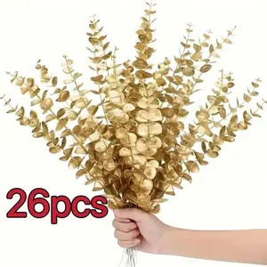 26 Golden Eucalyptus Branches - Realistic Artificial Eucalyptus Leaves, 14.96inch cm Long, Decorative, Perfect for Christmas and Valentine's Day Decorations, Wedding Props, and Home Vases (Vase Not Included), Eucalyptus Tree Decoration, Best for Christmas