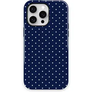 Trendy Cute Hybrid 2 Layer Navy Blue Polka Dot Phone Case for iPhone 15 Soft Silicone Lining Hard PC Shell Wireless Charging Supported