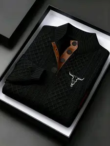 Men's Winter Knit Button Front Stand Collar Sweater, Vintage Texture Plaid Animal Cow Head Print Shirt, Fitted Casual Outdoor Wear for Cold Weather