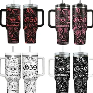 Collection SuicideboyS G59 Skull Aesthetic 40oz Tumbler With Handle, Underground Rap Merch Cup, Dark Trap Goth Style Travel Mug, Flasks Gift For Grey Five Nine Fan ,Muticolor Collage Design Stainless Steel Insulated Tumbler For Music Fans