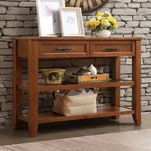Console Sofa Table with 2 Storage Drawers and 2 Tiers Shelves, Mid-Century Style 42'' Solid Wood Buffet Sideboard for Living Room Furniture Kitchen Dining Room Entryway Hallway