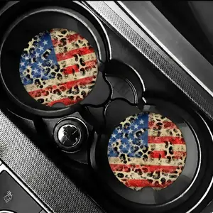 Vintage American Flag Leopard Car Coasters – Retro USA Cheetah Print Cup Holder Inserts, Rustic Patriotic Car Decor, Trendy Western Americana Style