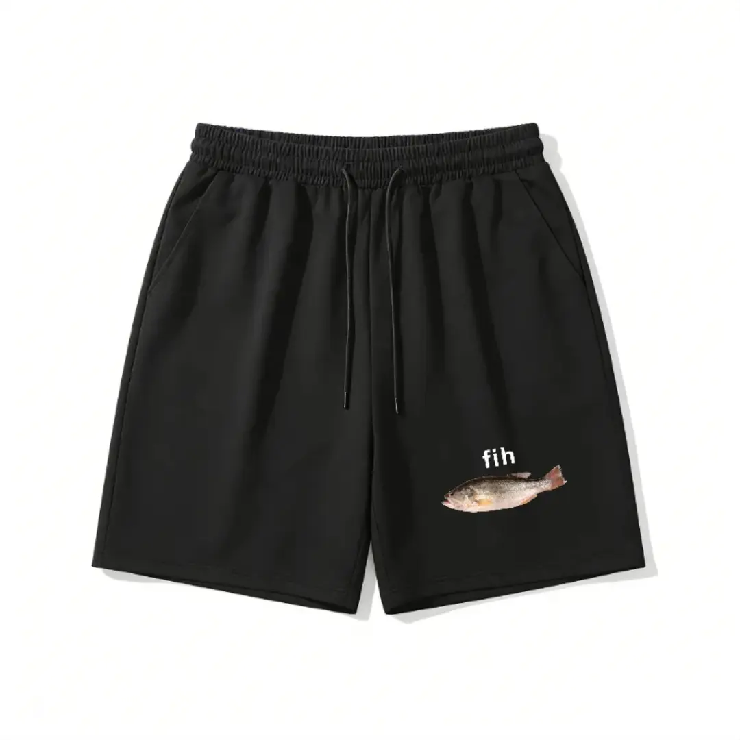 Men's Unisex Sizes 'Fih' Fish Graphic Fleece-Lined Cotton-Blend Shorts, Casual Relaxed Fit, Drawstring Adjustable Waistband, Meme-Inspired Fashion, Breathable, Vibe-Focused, Pockets