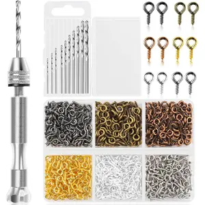 Manual Drill Set, Manual Drill, Includes 600 Small Screw Eye Hooks and 10 Different Size Drill Bits, Suitable for Keychains, Jewelry Making, and Handicrafts