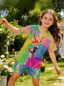 Rainbow graffiti dancing girl style digital print set, sweet and cute casual clothing, T-shirt and shorts set suitable for daily and outdoor sports, perfect gift for girls