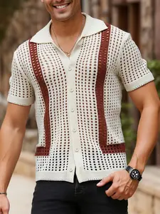 Men's Colorblock Hollow Out Sheer Knit Cardigan, Regular Fit Casual Button Front Collared Knitwear for All Seasons, Fashion Men's Knit Clothing for Daily Wear