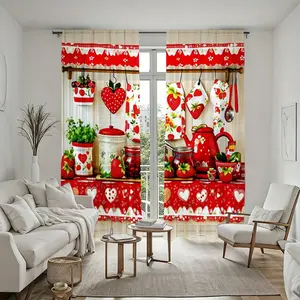 2Pcs Strawberry & Heart Print Kitchen Curtain, Modern Decorative Panel for Living Room Bedroom, Semi-Sheer Rod Pocket Window Treatment, Cafe Tier Valance, Home Decor