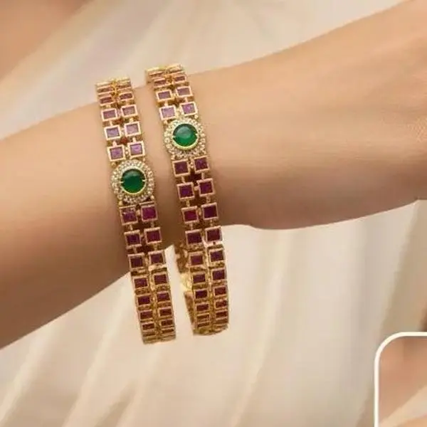 Women's 2-Piece Traditional Indian Costume Jewelry Bangles - 2.4 in, Elegant, Beautiful, Meticulous Design with Ruby-Colored, Green Stone Accents, for Weddings, Any Occasion, Daily Wear
