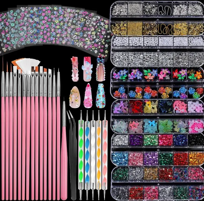 FANDAMEI Nail Charms and Nail Brushes, Nail Accessories Kit with 15 Pcs Nail Art Brushes, 6 Box Nail Charms and Gems, 10 Pcs Flower Nail Stickers, 5 Pcs Dotting Tools, Nail Art Kit with Nail Brush