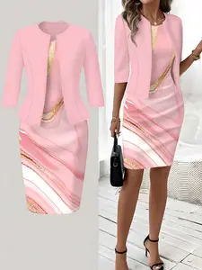 Women's Spring Summer Fall Knitted Cardigan Top, Slim Waist Print Design, Classic Straight Dress Set, Elegant Wedding Guest