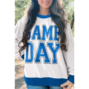 White GAME DAY Letter Contrast Trim Baggy Sweatshirt