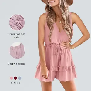 Imily Bela Womens Summer Romper V Neck Flowy Ruffle Shorts High Waist Beach Jumpsuit with Drawstring Waist & Zipper Closure - Casual
